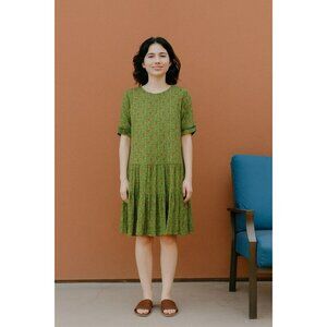 ZARA SHORT RUFFLED Sleeve DRESS SIZE M Green Floral Tiered Flowy